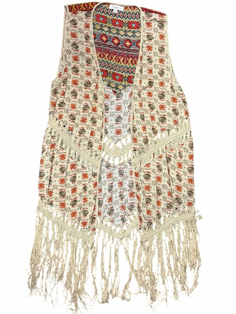 Umgee Boho Aztec Fringe Long Duster Vest Crochet Trim Plus Size 1XL - Picture 13 of 16
